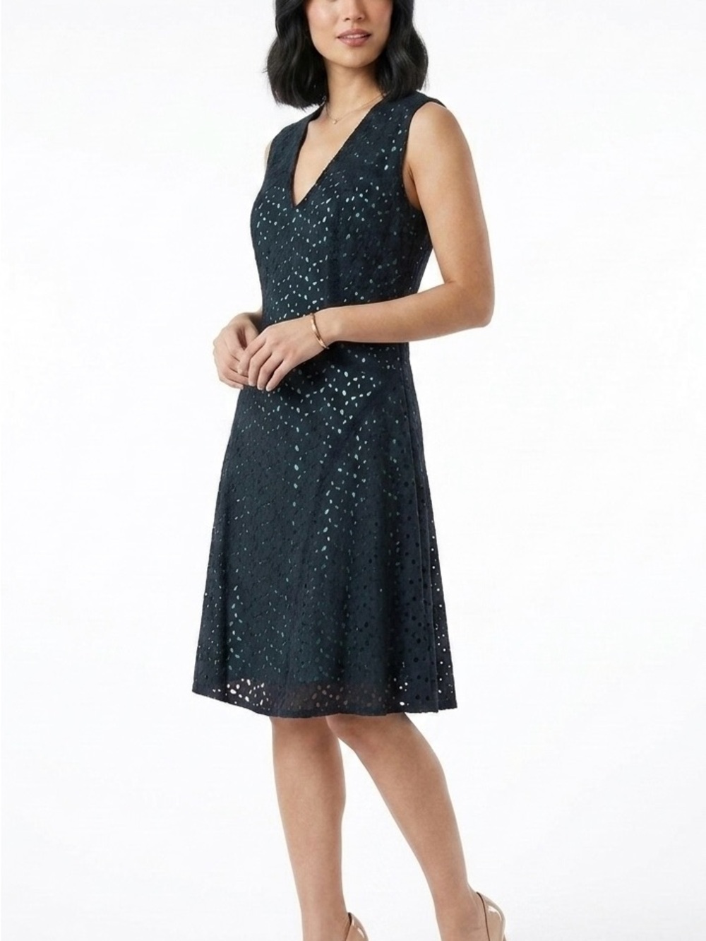 Maggy London Teal Eyelet V-Neck A-Line Dress